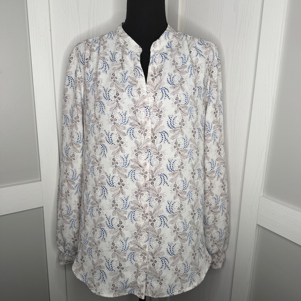 Ann Taylor Blouse Womens Large White Floral Print Long Sleeve Split Neck Top
